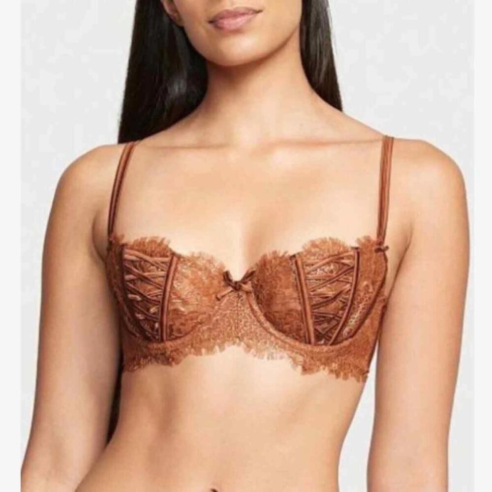 Victoria’s Secret Wicked Unlined Lace Balconette Bra 38C Caramel Sparkle NWT